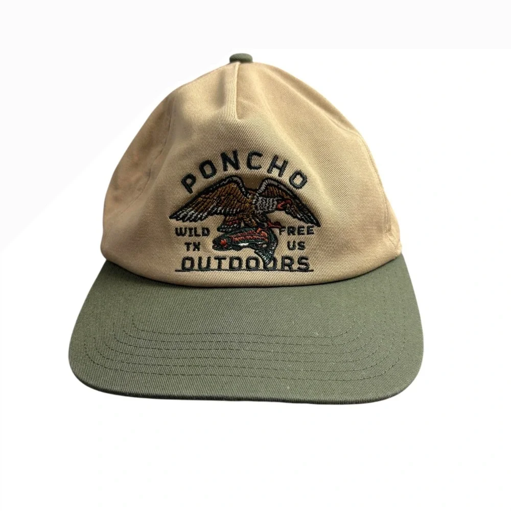 Poncho Outdoors Eagle & Trout Embroidered Tan Green‎ Baseball Cap Hat Adjustable